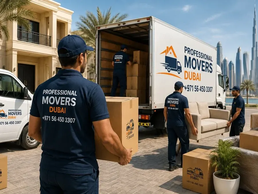 Professional Movers crew loading boxes at a Dubai house
